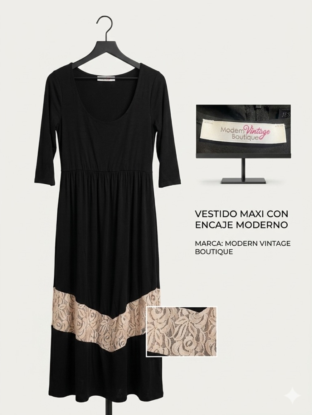 Modern Vintage Black Maxi Dress with Beige Lace Panel